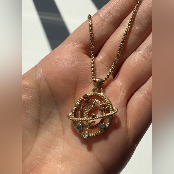 Colorful Rhinestone Moon Star Planet Necklace Stainless Steel 18K Gold Plated - Picture 8 of 8